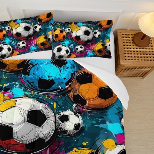Image of Soccer Comforter Queen Size,Sport Kids Comforter Set,3Pcs Bedding Set Printed Comforter with 2 Pillowcases,Down Alternative,Soft and Lightweight,for All Seasons