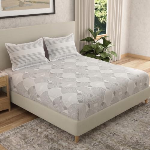 Image of Huesland by Ahmedabad Cotton 144 TC Double Bedsheet Cotton with 2 Pillow Covers | Grey & White