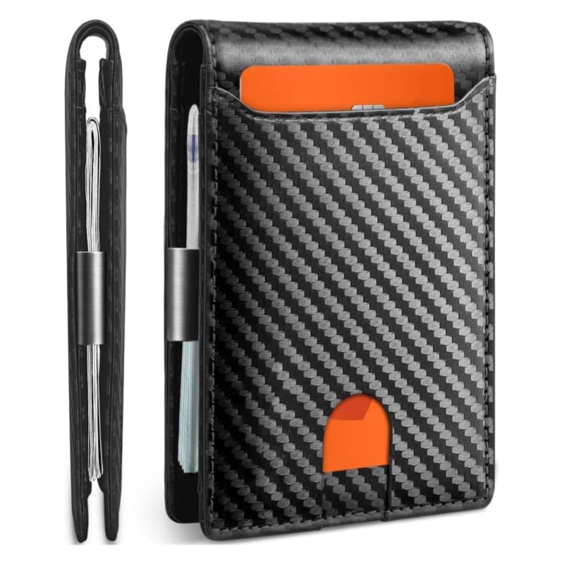 Wallet for Men Money Clip Card Holder Slim Carbon Fiber Minimalist Leather Rfid ID Window Gift Medium Size Scratch Resistant (Orange)
