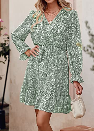 Image of KIRUNDO Women Casual Summer Fall Dresses Long Sleeve Floral Wrap V Neck High Waist Ruffle Tiered A Line Flowy Mini Dress