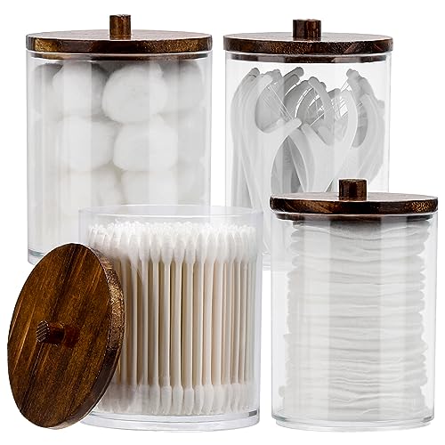 Image of Tbestmax 4 Pack Qtip Holder Dispenser Cotton Ball, Cotton Swab, Floss - 12oz, 10 oz Clear Plastic Apothecary Jars for Bathroom Organizer and Storage Containers (Brown Wood Lids)