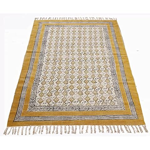 Handmade Rug Cotton Dhurrie Hand Block Printed Area Rugs Boho Kilms Flat Weave Yellow Indoor Bedroom Decor Carpet (360 x 540 cm (12 x 18 Feet)) Cover