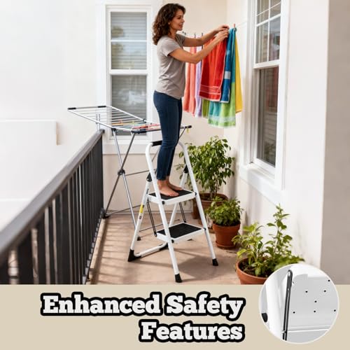 Image of 2 Step Ladder Foldable, Lightweight Step Stool Folding,Ladder for Home Use with Wide Pedal and Anti-Slip, Portable and Stability Ladders with Handrails for Adults Kitchen Household Outdoor, White