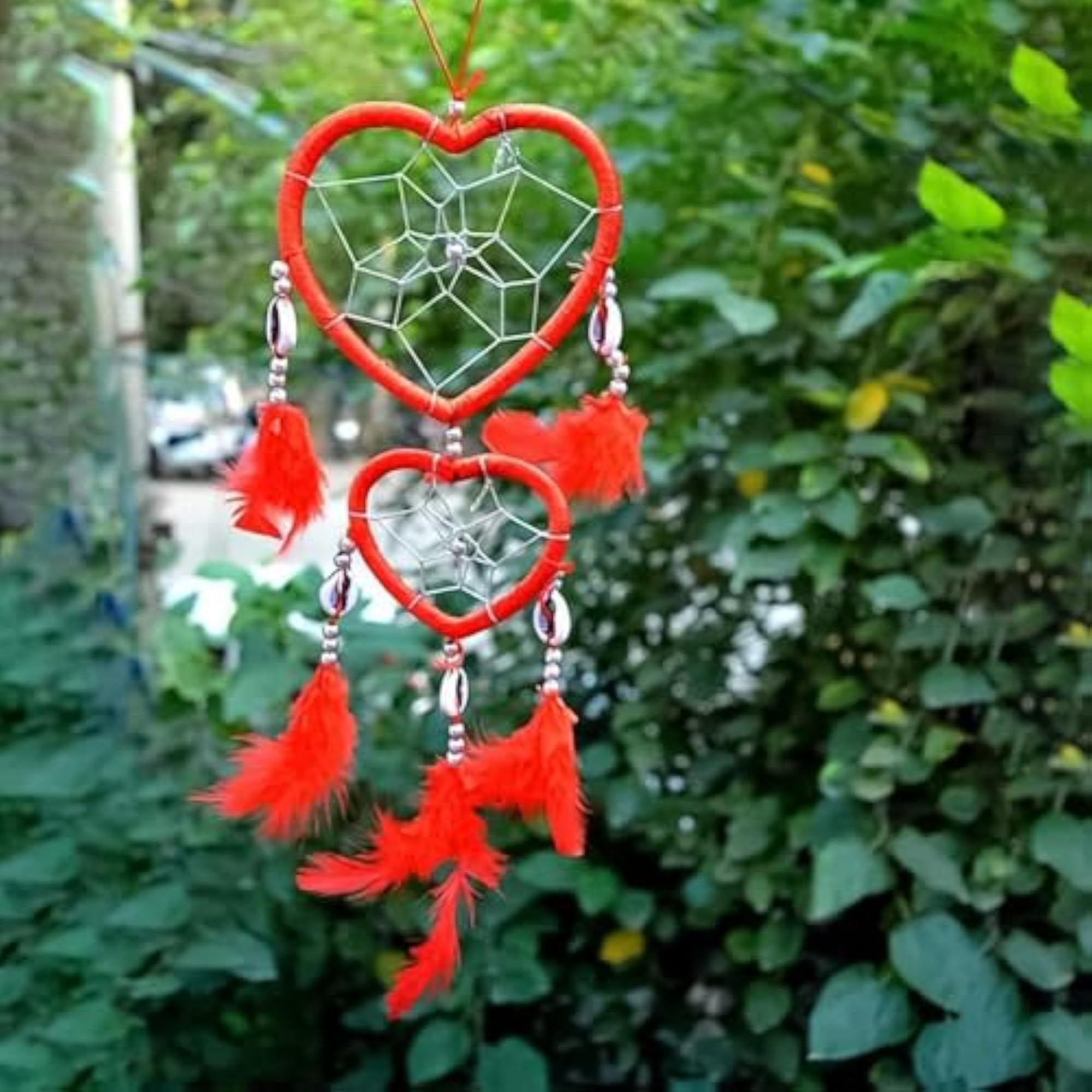 Heart-Shaped Dream Catcher with Red Feathers, Silver Beads