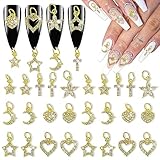 WOKOTO 26pcs Mix Design Dangle Nail Charms For Nail Art 3d Jewelry Flat Back Heart Star Cross Moon Nail Art Charms Rhinestones Nail 3D Cross Heart Star Charms For Nails Diamond Cross Nail Jewels