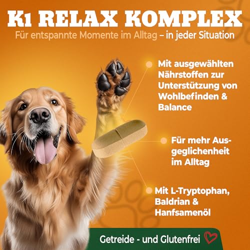 NATIVIVO K1 Relax Komplex Beruhigungsmittel für Hunde - Baldrian Hanföl & L Tryptophan Hund Beruhigung - Hunde Beruhigungsmittel unterstützend bei Angst & Stress - Beruhigung Hund - 60 Tabletten