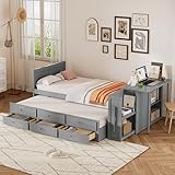 Merax Twin Size Platform Bed with Desk, Storage Shelf, 3 Drawers, Multifunctional Wood Bedframe with Trundle, No Box Spring Needed, Noise Free, Gray