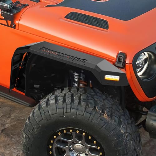 Image of Nilight JL JT Wide Flat Front Fender Flares for 2018 2019 2020 2021 2022 2023 2024 2025 Jeep Wrangler JL JLU&Gladiator JT 2Pcs Off-Road Wheel Fenders w /LED Lights Turn Signal Lights DRL