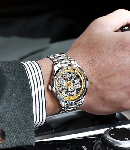 Image of OUPINKE Automatic Watch for Men Self Winding Skeleton Mechanical Luxury Tungsten Steel Bracelet Waterproof Date Day Wrist Watches
