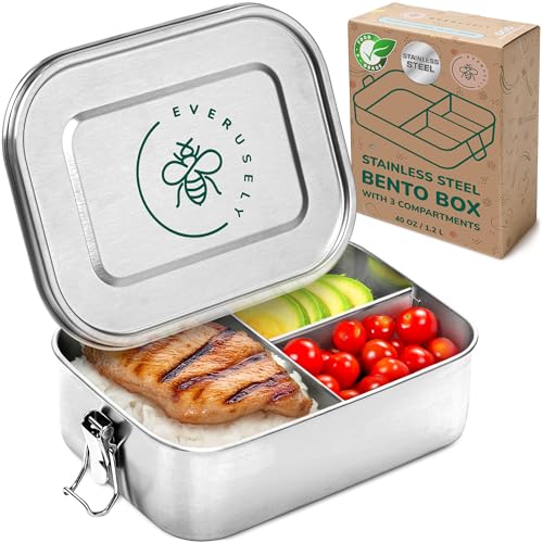 Everusely Stainless Steel Bento Lunch Box, 40 oz / 1.2 L, 3-Compartment Food Storage Container with Removable Silicone Seal, Leakproof & Dishwasher Safe by Everusely - Used condition - CA$29.44