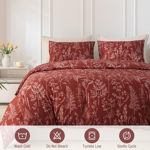 Image of Lekesky Floral Duvet Cover King Size, Deep Red Duvet Cover King Plant Flowers Pattern Bedding Set for All Season, Soft Breathable Duvet Cover with Zipper Closure & Corner Ties
