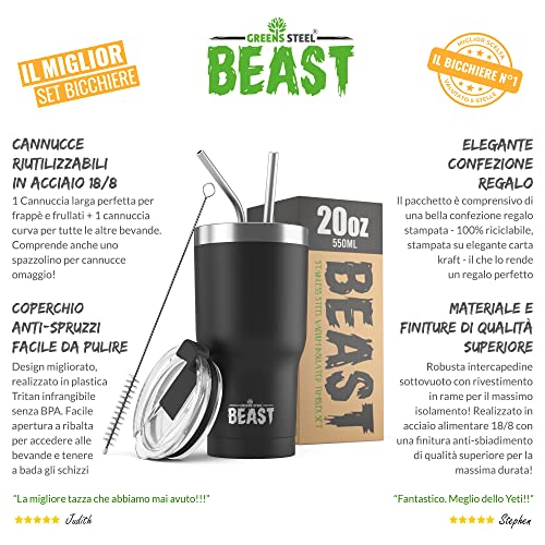 Greens Steel Beast Tumbler – 550 Ml (20 Oz), Nero Opaco | Bicchiere Termico In Acciaio Inox Riutilizzabile Con Isolamento Sottovuoto | Con 2 Cannucce E Spazzola Per La Pulizia | Tazza A Doppia Parete - 3