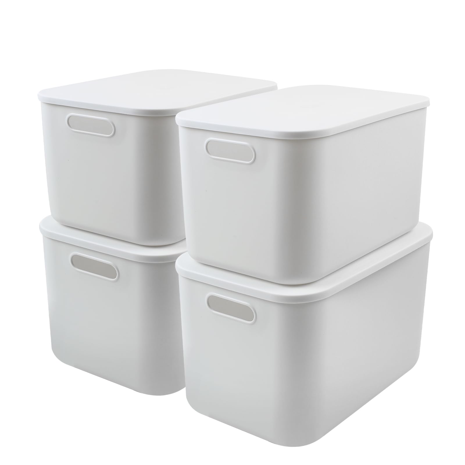 MaxEarn 4Pcs Plastic Storage Boxes with Lids, 23L Stackable Storage Baskets with Handles, 37x26x24cm Cupboard Organiser, White Organizer Containers for Bathroom, Kitchen, Office, Living Room
