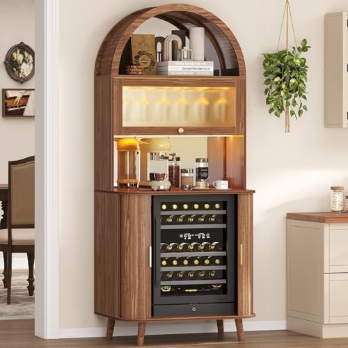 LVB Wine Fridge Cabinet Arched Bar Cabinet with LED Light Walnut 73 Inch