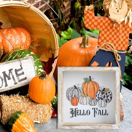 Image of Embossed Pumpkin Sign, Farmhouse Autumn Decorations, Wooden Fall Tiered Tray Decor for Shelf Cubicle Desk Mantel, Rustic Thanksgiving Table Decor