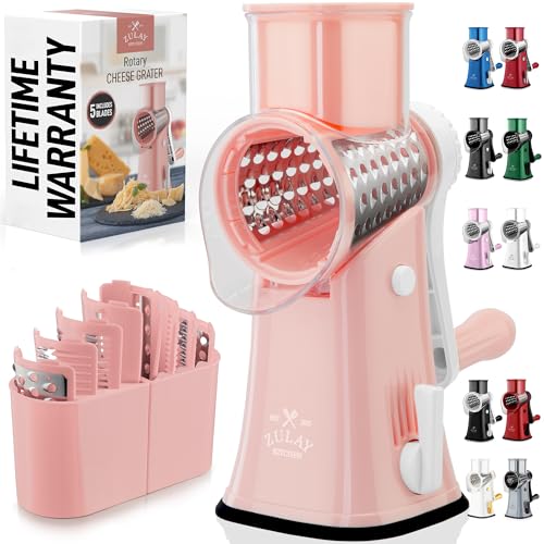 Image of Zulay Kitchen Rotary Cheese Grater 5 Blade Cheese Shredder - Manual Hand Crank Cheese Grater With Reinforced Suction & 5 Interchangeable Drums - Easy to Use, Vegetable Chopper Round Mandoline Slicer