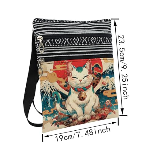 Fortune Cat Messenger Bag Small Ethnic Pattern Printed Adjustable Strap Crossbody Zipper Bag Fortune Cat Phone Bag Wallet Cute Shoulder Handbag for Women -22