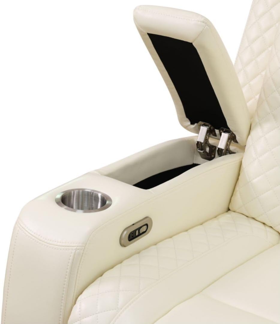 Electric Power Recliner Chair Living Room Furniture, Comfy Wide Lazy Home Theater Breathing Leather Seating with USB 2.0 Charging Ports, LED Light Strips (White-2)