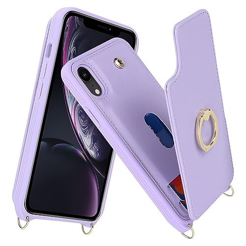 Image of for iPhone XR Case with Card Holder and Strap for Women,Crossbody Lanyard,Kickstand Ring Stand,Snap Clasp,Phone Wallet Cases 6.1 inch(Purple)