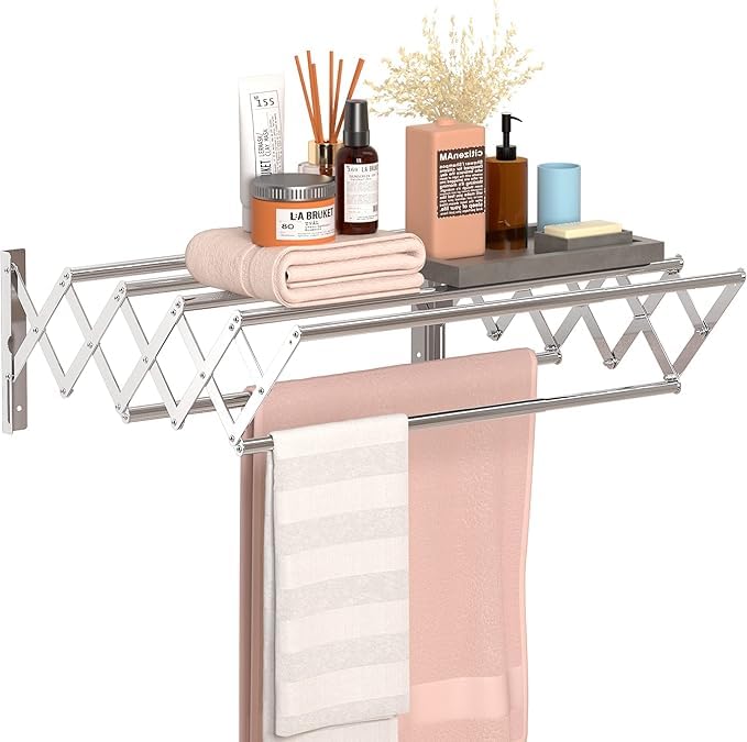 Image of Omega-Pro Stainless Steel Foldable Cloth Dryer Stand Double Rack Cloth Stands for Drying Clothes Steel [ Cross ] (WALL Mount)