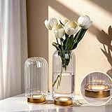 LED Flower Vase with Lights,Set of 2 Battery Operated Flower Vases with Timer Hand Blown Vase to Light Up Roses, Tulips,Centerpieces for Wedding Gift for Wife, Easter Table Centerpiece Clear