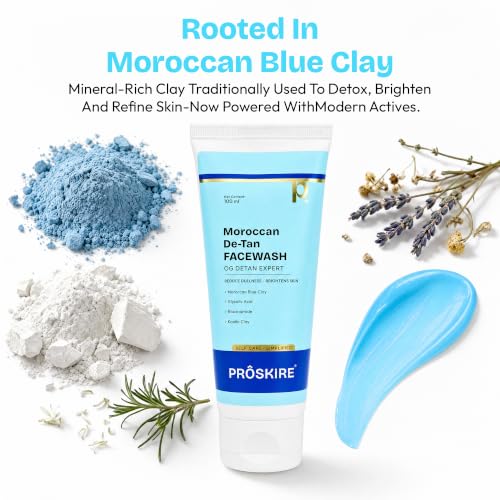 Image of Proskire Moroccan De-Tan Face Wash 100ml | Removes Tan, Reduces Dullness & Brightens Skin | With Moroccan Blue Clay, Glycolic Acid, Niacinamide & Kaolin Clay | Deep Cleansing Face Wash for All Skin Types 100ml