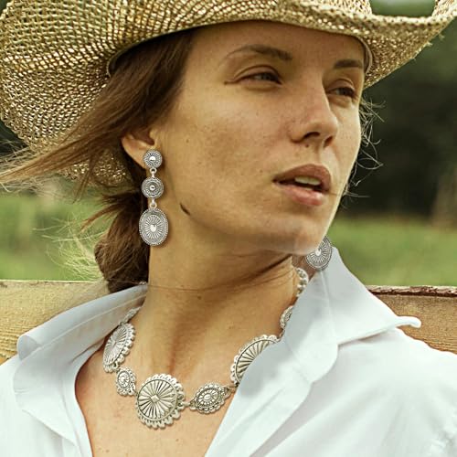 2 Pcs Concho Western Necklace Earrings Jewelry Set for Women Vintage Cowgirl Dangle Earrings Boho Choker Necklaces Western Country Concert Outfits for Women Concho Jewelry Gift4