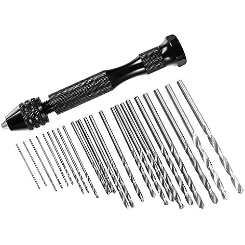 FineGood 25 pcs Pin Vise Hand Drill Bits, 24 pcs Micro Mini Twist Drill Bit Set (0.6-3mm) with 1 pc Pin Vise Rotary Tools for Wood Jewelry Plastic Cover