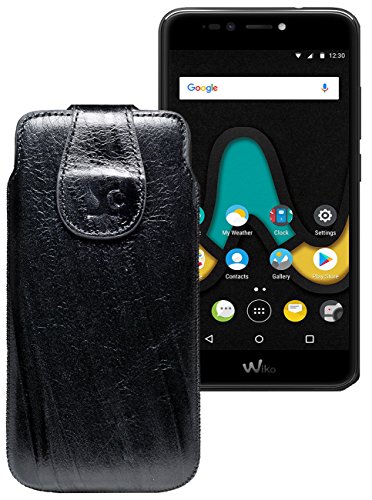Suncase Original Tasche für Wiko Upulse Lite | Leder Etui Handytasche Ledertasche Schutzhülle Hülle Hülle/in wash-schwarz