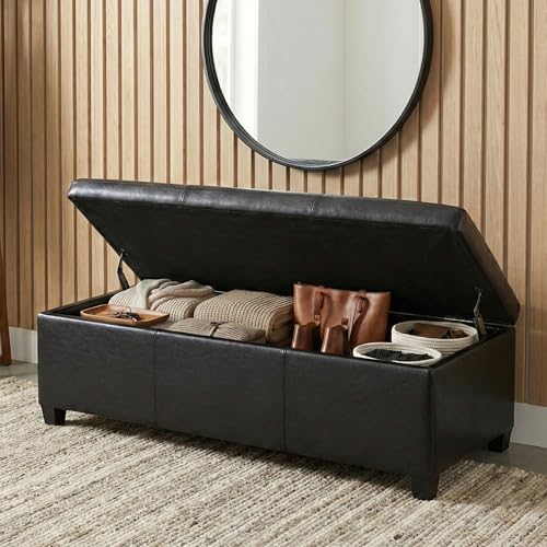 Image of SIMPLIHOME Avalon 48 inch Wide Vegan Leather Storage Ottoman in Midnight Black