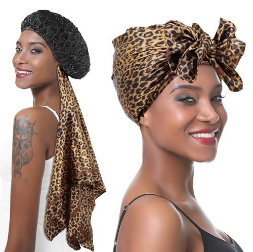 2 in 1 Wrap Cap Hair Net for Silk Press Satin Scarf Hair Net Silk Press Wrap for Women Sleeping Curly Hair Care (leopard&net L)