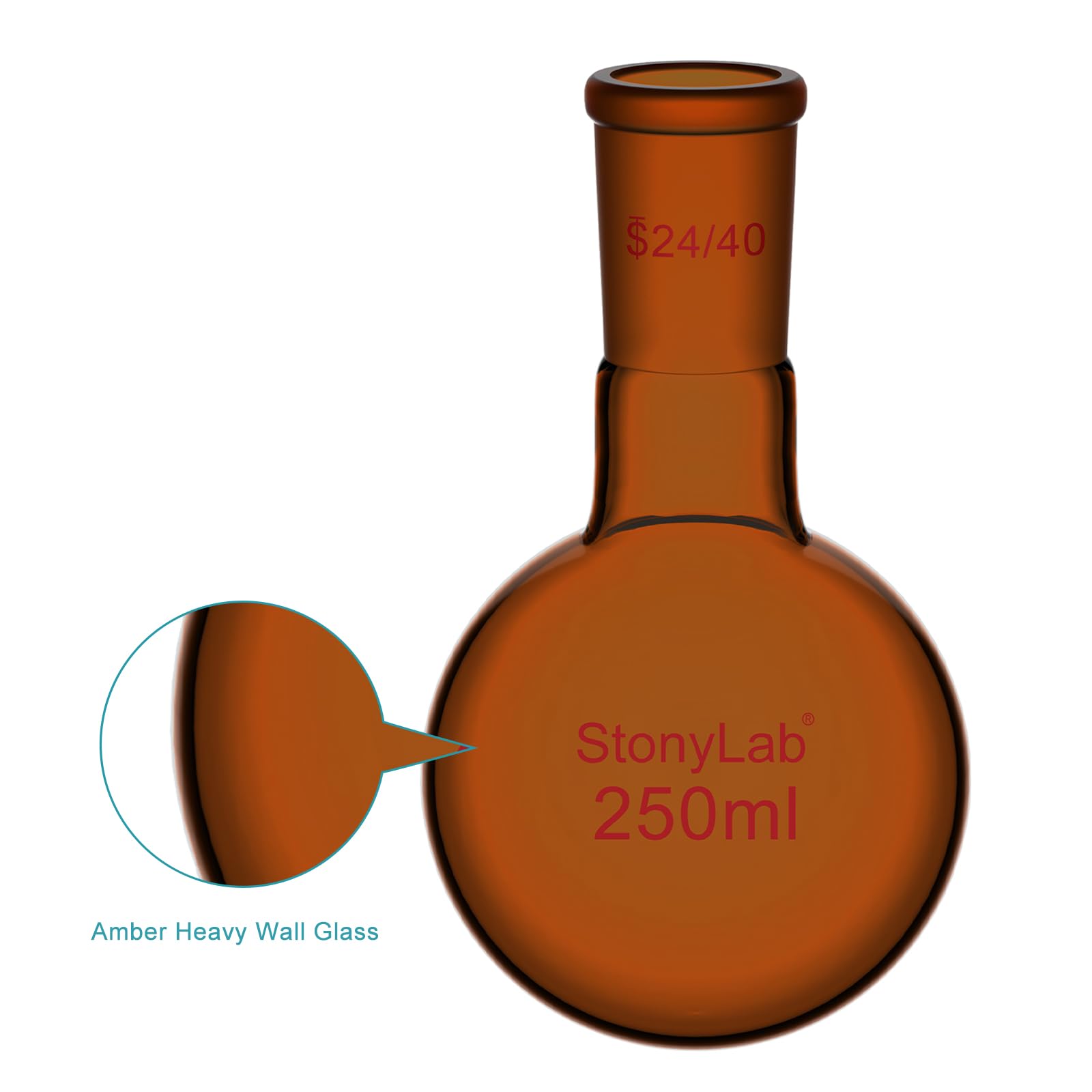 stonylab Matrazzo a Fondo Rotondo Marrone con Collo Singolo, Giunto Standard 24/40, Vetro Borosilicato Resistente al Calore e Chimica, Ideale per Riscaldamento e Distillazione, 250 ml