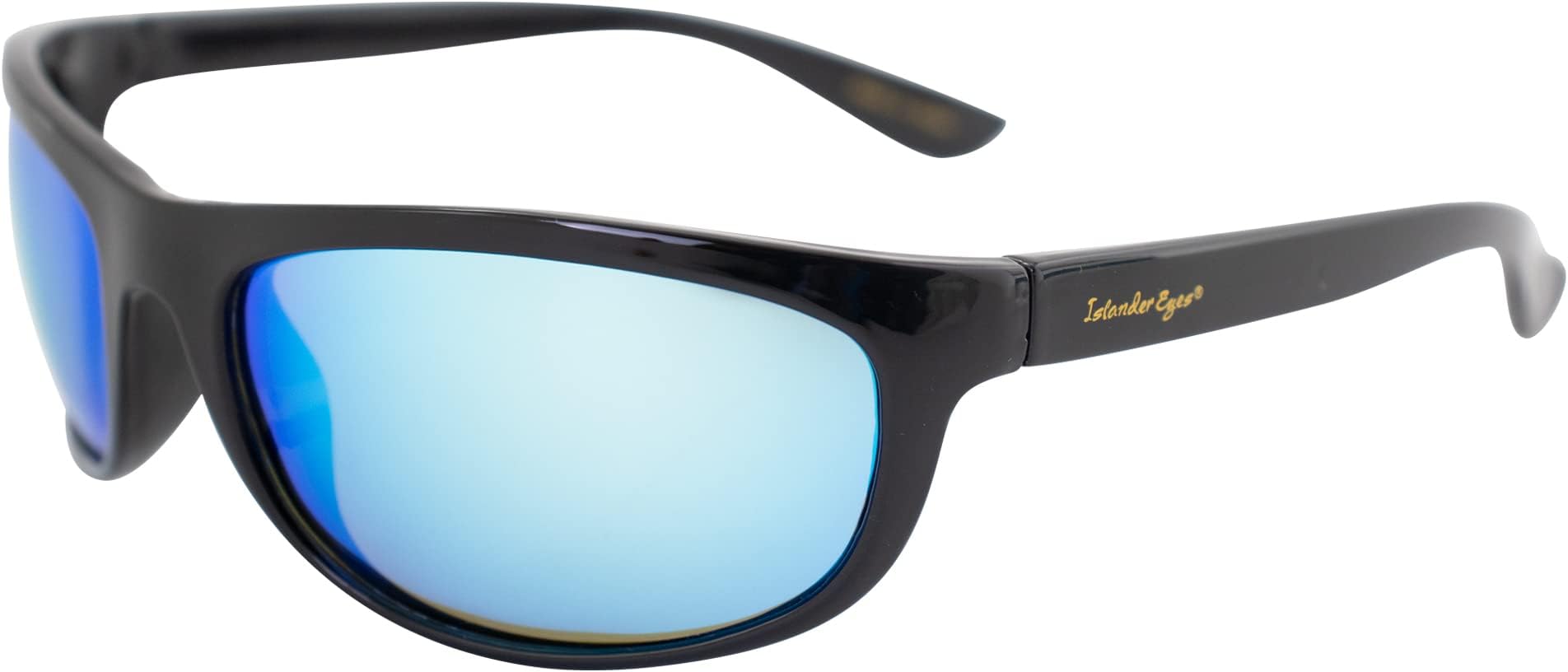Islander Eyes Martinique Polarized Men's Sunglasses, Sports Wraparound Glossy Black Frame w/Blue Mirror Lens, Adult