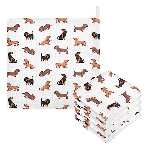 Image of Burbuja Cute Dogs Dachshunds Baby Washcloths - Muslin Cotton Soft Absorbent Baby Towel for Newborn Baby Sensitive Skin - Baby Essential Item, 12x12 in, 5 Pack