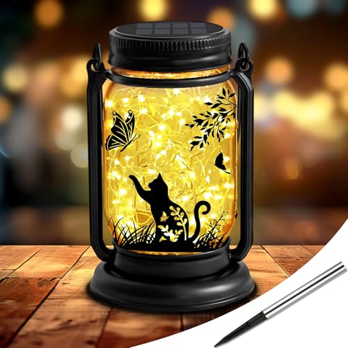 Katzen Solarlaterne Außen Gartendekor, 3-in-1 Katze Maurer Glas...