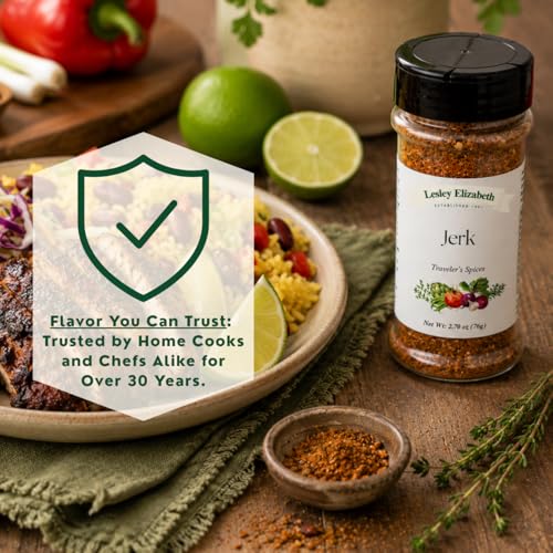 Image of Lesley Elizabeth Jerk Traveler's Spices - Authentic Caribbean Jerk Seasoning Blend for Chicken, Pork, Seafood & Veggies | Bold Heat & Island Flavor | Gourmet Rub for Grilling & Cooking