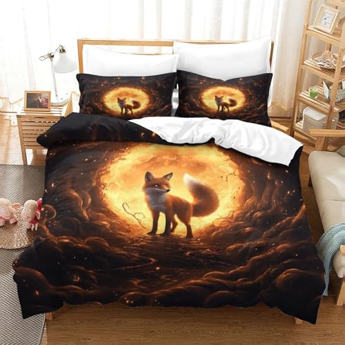 Housse de couette 260x220 renard 3D avec 2 taies d'oreiller en microfibre pour lit Super King - 3