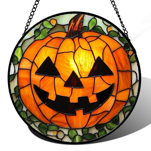 JOSUMALY Stained Glass Window Hanging, Halloween Decorations Evil Pumpkin Suncatcher for Doors Garden Indoor Spooky Funny Orange Sun Catchers Gothic Decor Horror Gifts for Women Men Friend 9.8 in