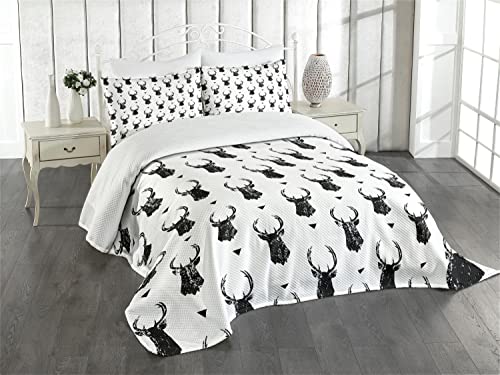 Ambesonne Deer Bedspread, Monochrome Animal Silhouettes and Triangles Ornamental Pattern Nature Illustration, Decorative Quilted 3 Piece Coverlet Set with 2 Pillow Shams, Queen Size, Black White