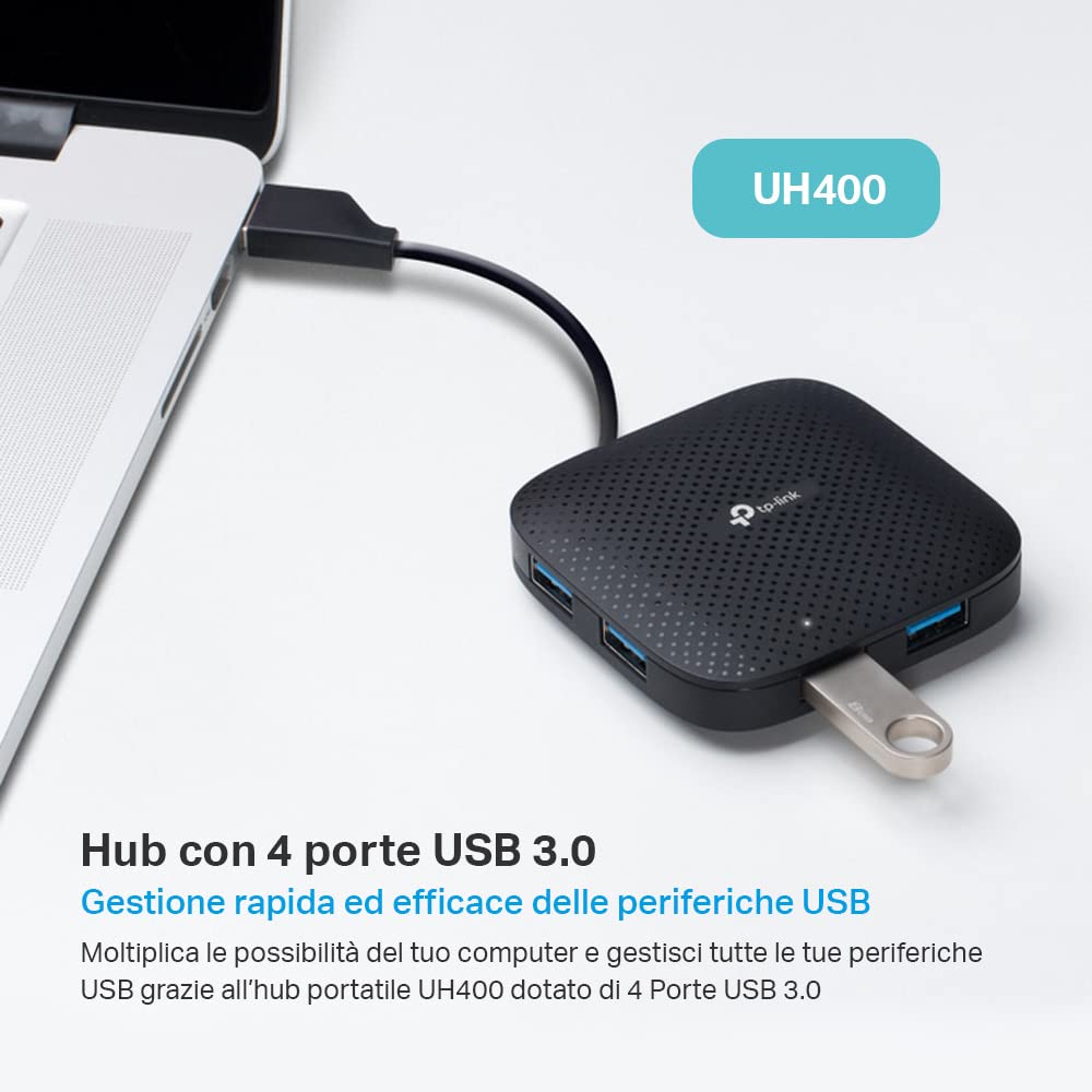 TP-Link UH400 Hub USB 3.0-4 in 1, 4 Porte, Sdoppiatore, Multipresa Portatile, 4 Indicatori LED, Design con Cavo Pieghevole, Ultra Compatto, Adattatore per Windows, Mac OS X, Linux