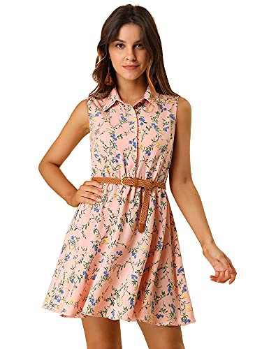 Image of Allegra K Women's Floral Printed Half Placket Above Knee Summer Sleeveless Belted Dress