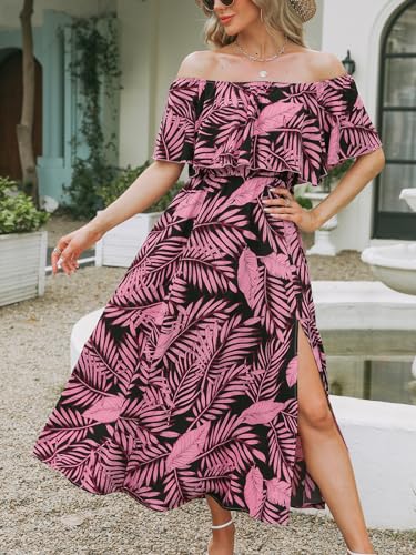 Image of CUPSHE Women Ruffle Floral Maxi Summer Dress Off Shoulder Short Sleeve Backless Flounce Bodice Slit Hem Beach Dresses