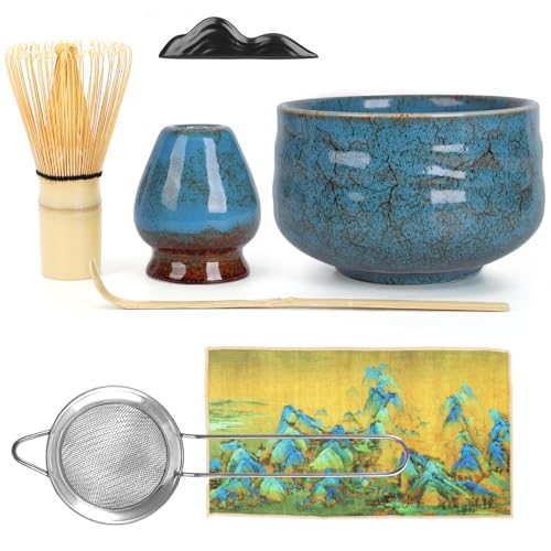 TeamSky Matcha-Set 7-teilig – Keramikschale, Bambus-Schneebesen, Bambuslöffel, Keramik-Schneebesenhalter, Matcha-Sieb, K...