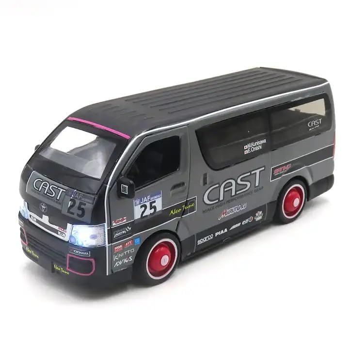 Image of 1:32 Scale Hiace Racing School Van Toy Car | Metal Pullback Diecast Car for Kids with Openable Doors, Sound, Light Effects Toy for Car Enthusiasts (Color As Per Available), White