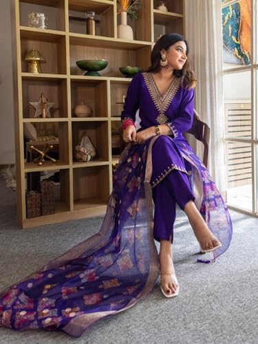 Image of VredeVogel Women's Beads Embroidered Silk Blend Kurta Pant Set with Organza Dupatta | Perfect for Festive & Casual Ethnic Kurta Set for Women