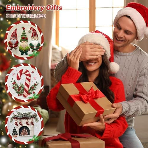 Image of YOUDRN Christmas Embroidery Kits,Candy Canes Embroidery Kits for Adults,Christmas Embroidery Kit for Beginners with Pattern,Cotton Threads,Needles,Instruction,20cm Hoop(Candy Canes)