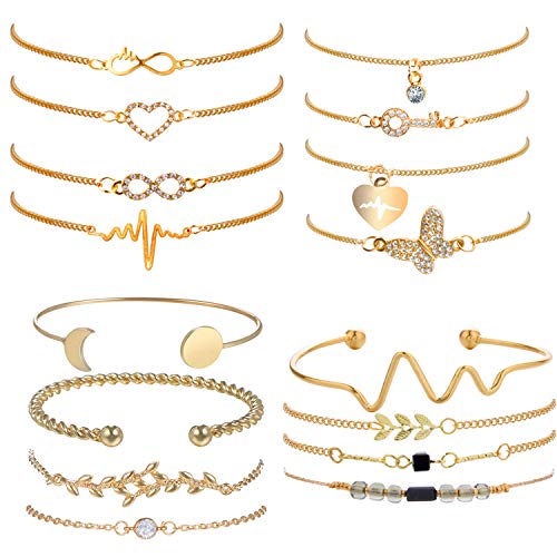 Jbniuay 16 Stück Gold Armbänder Set Einstellbar Armreifen Welle Blätter Zirkonia Herz Infinity Armkettchen Schmuck Set für Damen Mädchen
