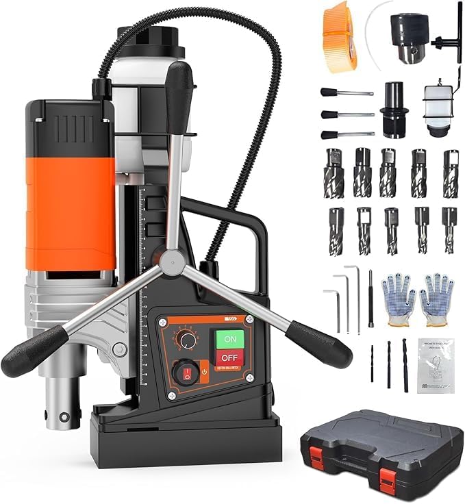 Image of ACEKOOL Mag Drill with 1.57 inch Boring Diameter, 1650w Power, 2922Lbf Power Portable Magnetic Presses, 810 RPM, for Metal Surface, Industrial & Home Improvement (10 Drill Bits, 3 Twist Drills & Plast)