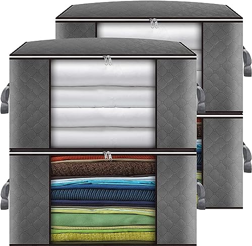 Clothes Storage Bag, 90L Large Linen storage, Foldable Clothes Storage Boxes Wardrobe Storage Organizer Moving Bags with Reinforced Handle for Clothing, Blanket, Bedding (4)