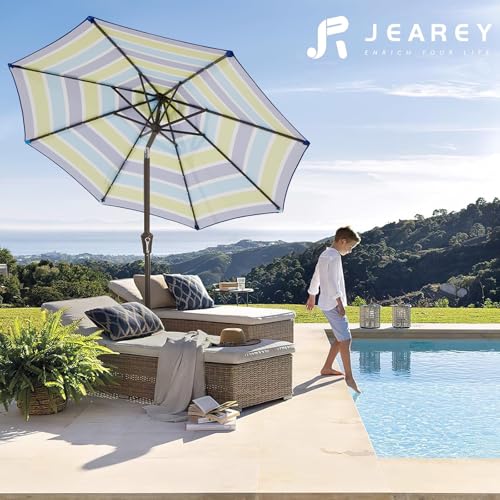 Image of JEAREY 9FT Outdoor Patio Umbrella Outdoor Table Umbrella with Push Button Tilt and Crank, Market Umbrella 8 Sturdy Ribs UV Protection Waterproof for Garden, Deck, Backyard, Pool (Blue-Green Stripe)